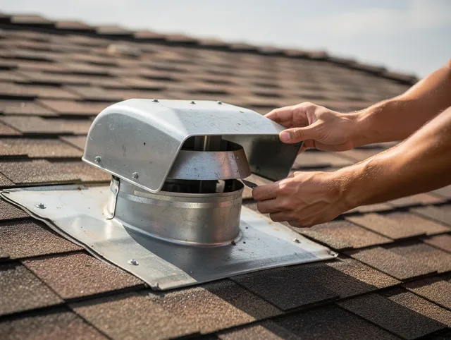 Barrington Dryer Vent Cleaning certified technician safely cleaning a roof-mounted dryer vent in Barrington