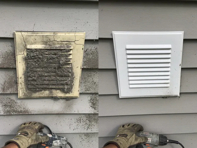 Barrington Dryer Vent Cleaning technician installing high-quality dryer vent cover at a residential property in Barrington
