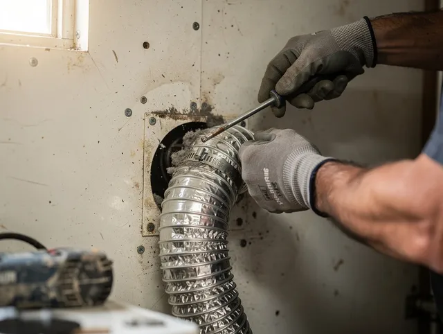 Barrington Dryer Vent Cleaning technician performing precise dryer vent hose installation in Barrington